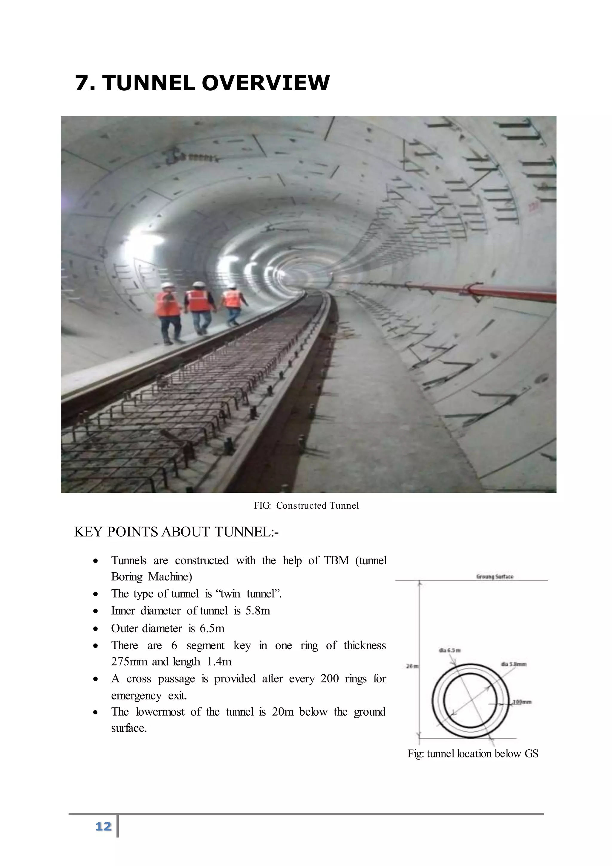 12
7. TUNNEL OVERVIEW
FIG: Constructed Tunnel
KEY POINTS ABOUT TUNNEL:-
 Tunnels are constructed with the help of TBM (tunnel
Boring Machine)
 The type of tunnel is “twin tunnel”.
 Inner diameter of tunnel is 5.8m
 Outer diameter is 6.5m
 There are 6 segment key in one ring of thickness
275mm and length 1.4m
 A cross passage is provided after every 200 rings for
emergency exit.
 The lowermost of the tunnel is 20m below the ground
surface.
Fig: tunnel location below GS
 