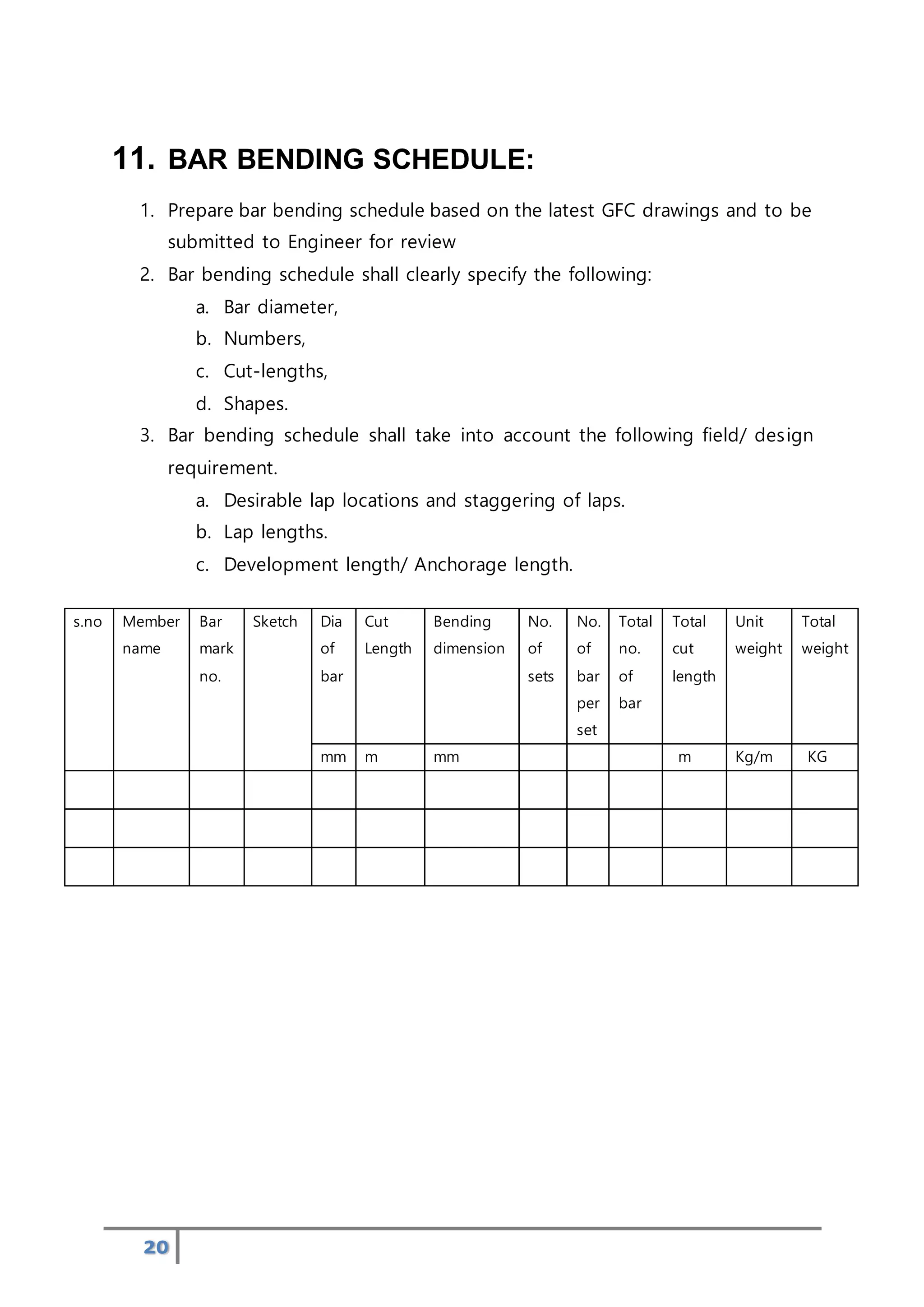 20
11. BAR BENDING SCHEDULE:
1. Prepare bar bending schedule based on the latest GFC drawings and to be
submitted to Engineer for review
2. Bar bending schedule shall clearly specify the following:
a. Bar diameter,
b. Numbers,
c. Cut-lengths,
d. Shapes.
3. Bar bending schedule shall take into account the following field/ design
requirement.
a. Desirable lap locations and staggering of laps.
b. Lap lengths.
c. Development length/ Anchorage length.
s.no Member
name
Bar
mark
no.
Sketch Dia
of
bar
Cut
Length
Bending
dimension
No.
of
sets
No.
of
bar
per
set
Total
no.
of
bar
Total
cut
length
Unit
weight
Total
weight
mm m mm m Kg/m KG
 
