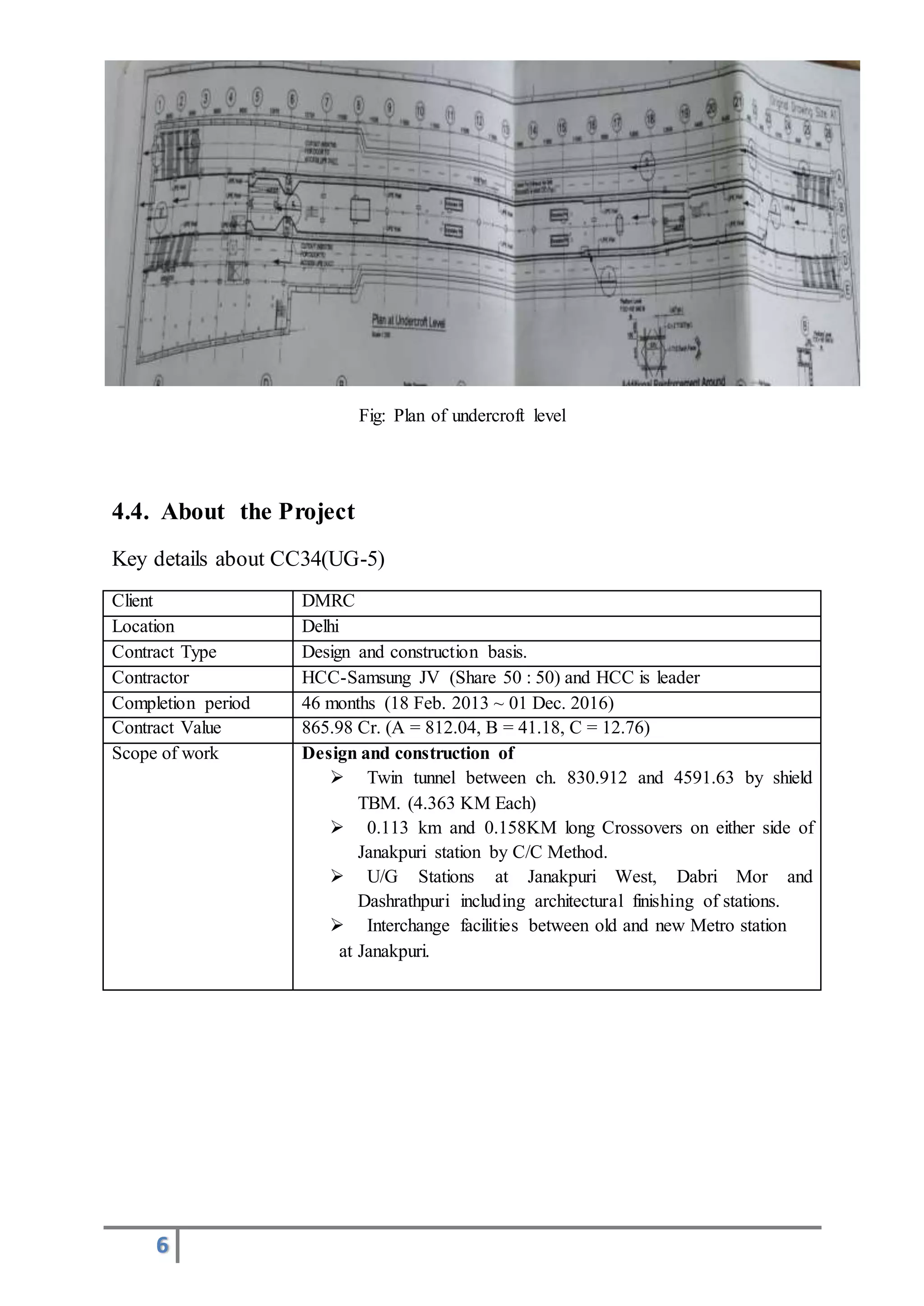 6
Fig: Plan of undercroft level
4.4. About the Project
Key details about CC34(UG-5)
Client DMRC
Location Delhi
Contract Type Design and construction basis.
Contractor HCC-Samsung JV (Share 50 : 50) and HCC is leader
Completion period 46 months (18 Feb. 2013 ~ 01 Dec. 2016)
Contract Value 865.98 Cr. (A = 812.04, B = 41.18, C = 12.76)
Scope of work Design and construction of
 Twin tunnel between ch. 830.912 and 4591.63 by shield
TBM. (4.363 KM Each)
 0.113 km and 0.158KM long Crossovers on either side of
Janakpuri station by C/C Method.
 U/G Stations at Janakpuri West, Dabri Mor and
Dashrathpuri including architectural finishing of stations.
 Interchange facilities between old and new Metro station
at Janakpuri.
 