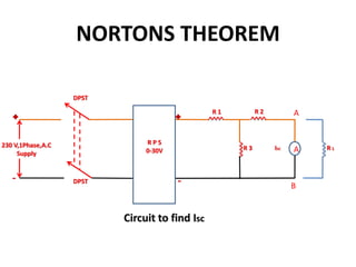 NORTONS THEOREM
230 V,1Phase,A.C
Supply
DPST
DPST
R P S
0-30V
R 1 R 2
R 3 ISC R L
Circuit to find Isc
A
B
A
 
