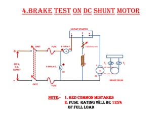 4.BRAKE TEST ON DC SHUNT MOTOR
220 V,
D.C.
SUPPLY
DPST
DPST
FUSE
FUSE
A
M
3 POINT STARTER
L Z A
ZZ
V
0-300V,M.C.
S1
S2
BRAKE DRUM
0-15A,M.C.
A
Z
AA
NOTE:- 1. RED common mistakes
2. FUSE RATING WILL BE 125%
OF FULL LOAD
100ohms min
 