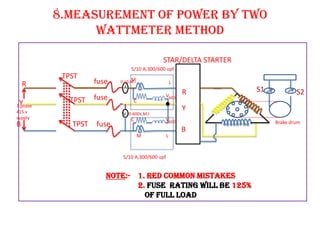 8.MEASUREMENT OF POWER BY TWO
WATTMETER METHOD
3 phase
415 v
supply
R
Y
B
STAR/DELTA STARTER
R
Y
B
A
V
0-10,M.I
5/10 A,300/600 upf
fuse
fuse
fuse
TPST
TPST
TPST Brake drum
S1 S2
NOTE:- 1. RED common mistakes
2. FUSE RATING WILL BE 125%
OF FULL LOAD
0-600v,M.I
M
C
V
L
L
5/10 A,300/600 upf
V
M
C
600
600
 