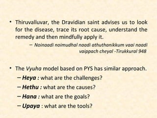 • Thiruvalluvar, the Dravidian saint advises us to look
for the disease, trace its root cause, understand the
remedy and then mindfully apply it.
– Noinaadi noimudhal naadi athuthanikkum vaai naadi
vaippach cheyal -Tirukkural 948
• The Vyuha model based on PYS has similar approach.
– Heya : what are the challenges?
– Hethu : what are the causes?
– Hana : what are the goals?
– Upaya : what are the tools?
 