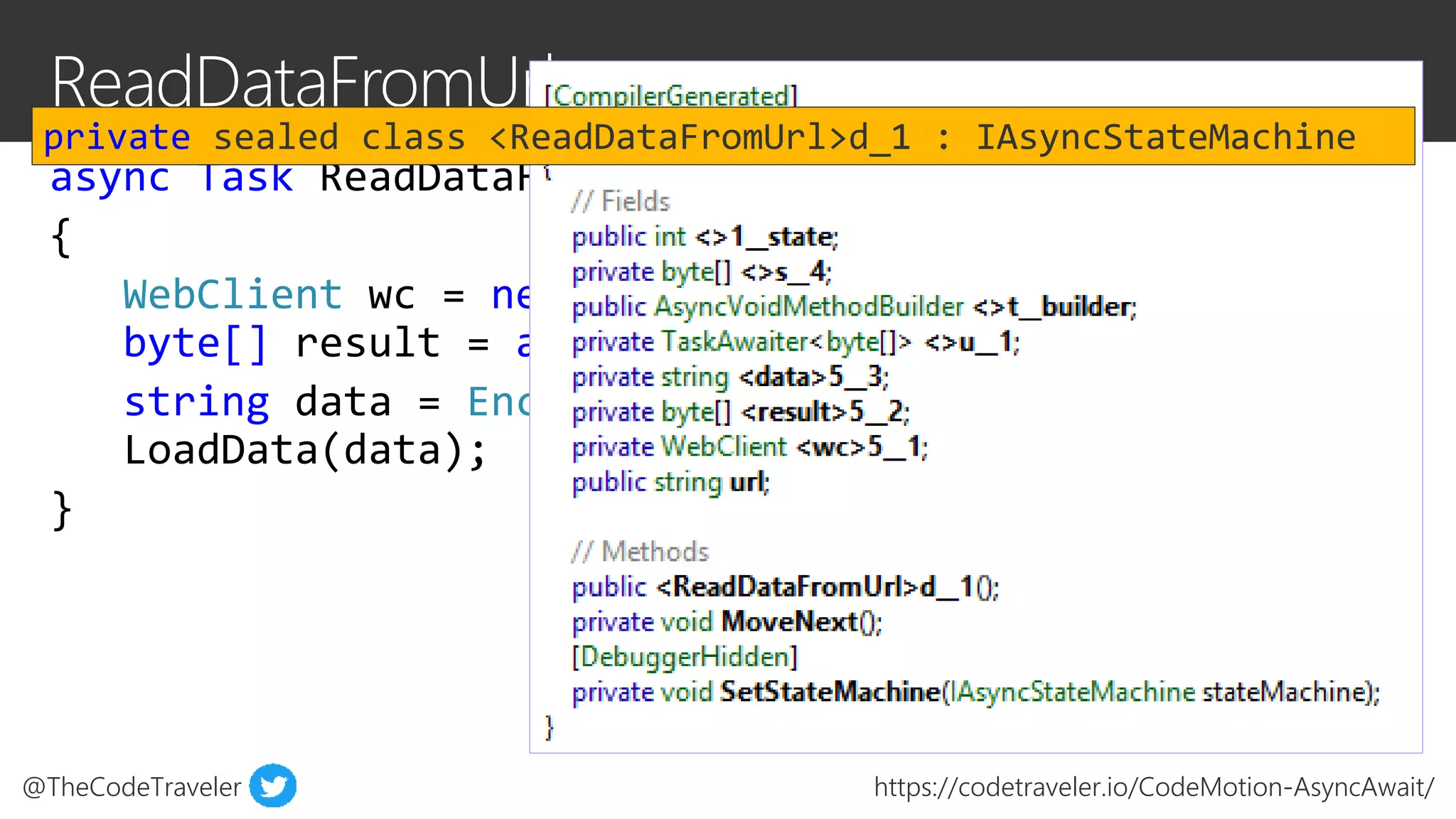 @TheCodeTraveler https://codetraveler.io/CodeMotion-AsyncAwait/
async Task ReadDataFromUrl(string url)
{
WebClient wc = new WebClient();
byte[] result = await wc.DownloadDataTaskAsync(url);
string data = Encoding.ASCII.GetString(result);
LoadData(data);
}
private sealed class <ReadDataFromUrl>d_1 : IAsyncStateMachine
 