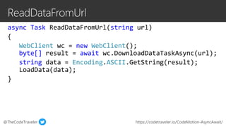 @TheCodeTraveler https://codetraveler.io/CodeMotion-AsyncAwait/
async Task ReadDataFromUrl(string url)
{
WebClient wc = new WebClient();
byte[] result = await wc.DownloadDataTaskAsync(url);
string data = Encoding.ASCII.GetString(result);
LoadData(data);
}
 