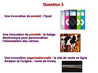 Question 3 Une innovation de  produit  : l'ipod Une innovation de  procédé  : le badge électronique pour personnaliser l'alimentation des vaches Une innovation  organisationnelle  : le site de vente en ligne Amazon (à l'origine : vente de livres) 