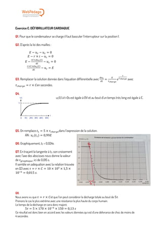 Exercice C. DÉFIBRILLATEUR CARDIAQUE
Q1. Pour que le condensateur se charge il faut basculer l’interrupteur sur la position 1.
Q2. D’après la loi des mailles :
𝐸 − 𝑢> − 𝑢Z = 0
𝐸 − 𝑟 × 𝑖 − 𝑢Z = 0
𝐸 −
>X×I27(M)
IM
− 𝑢Z = 0
>×X×I27(M)
IM
− 𝑢Z = 𝐸
Q3. Remplacer la solution donnée dans l’équation différentielle avec
I27
IM
=
=
Y78./94
𝑒
%
578./94 avec
𝜏ZV">N$ = 𝑟 × 𝐶en secondes.
Q4.
uC(t) à t=0s est égale à 0V et au bout d’un temps très long est égale à E.
Q5. On remplace 𝑡( = 5 × 𝜏ZV">N$dans l’expression de la solution.
AN : 𝑢Z(𝑡() = 0,99𝐸
Q6. Graphiquement, t2 = 0,024s
Q7. En traçant la tangente à t2, son croisement
avec l’axe des abscisses nous donne la valeur
de 𝜏N>"[V-2$, ici de 0,015 s.
Il semble en adéquation avec la relation trouvée
en Q3 avec 𝜏 = 𝑟 × 𝐶 = 10 × 105
× 1,5 ×
10CH
= 0,015	𝑠.
Q8.
Nous avons vu que 𝜏 = 𝑟 × 𝐶et que l’on peut considérer la décharge totale au bout de 5𝜏.
Prenons le cas le plus extrême avec une résistance la plus haute du corps humain.
Le temps de la décharge en sera donc majoré.
5𝜏 = 5 × 170 × 10CH
× 150 = 0,13	𝑠
Ce résultat est donc bien en accord avec les valeurs données qui est d’une délivrance de choc de moins de
4 secondes.
 
