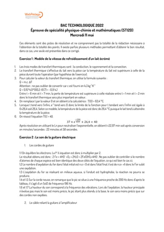 Bac 2022 STI2D corrigé physique-chimie-maths | PDF