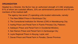 ORGANIZATION
Headed by a Director, the BuCor has an authorized strength of 2,362 employees,
61% of whom are custodial officers, 33% are administrative personnel and 6% are
members of the medical staff.
The agency has seven (7) operating units located nationwide, namely:
1. The New Bilibid Prison in Muntinlupa City;
2. The Correctional Institution for Women (CIW) in Mandaluyong City;
3. Iwahig Prison and Penal Farm in Puerto Princesa City, Palawan;
4. Sablayan Prison and Penal Farm in Occidental Mindoro;
5. San Ramon Prison and Penal Farm in Zamboanga City;
6. Leyte Regional Prison in Abuyog, Leyte; and
7. Davao Prison and Penal Farm in Panabo, Davao Province.
 