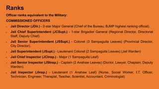 Ranks
Officer ranks equivalent to the Military:
COMMISSIONED OFFICERS
 Jail Director (JDir.) - 2-star Major General (Chief of the Bureau; BJMP highest ranking official).
 Jail Chief Superintendent (JCSupt.) - 1-star Brigadier General (Regional Director, Directorial
Staff, Deputy Chief).
 Jail Senior Superintendent (JSSupt.) - Colonel (3 Sampaguita Leaves) (Provincial Director,
City Director).
 Jail Superintendent (JSupt.) - Lieutenant Colonel (2 Sampaguita Leaves) (Jail Warden)
 Jail Chief Inspector (JCInsp.) - Major (1 Sampaguita Leaf)
 Jail Senior Inspector (JSInsp.) - Captain (2 Anahaw Leaves) (Doctor, Lawyer, Chaplain; Deputy
Warden).
 Jail Inspector (JInsp.) - Lieutenant (1 Anahaw Leaf) (Nurse, Social Worker, I.T. Officer,
Technician, Engineer, Therapist, Teacher, Scientist, Accountant, Criminologist)
 