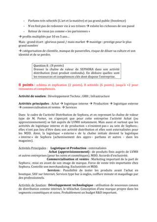 - Parfums	très	sélectifs	(L’art	et	la	matière)	et	jus	grand	public	(Insolence)	
- N’en	finit	pas	de	redonner	vie	à	ses	trésors	à	exloite	les	richesses	de	son	passé	
- Retour	de	vieux	jus	comme	«	les	parisiennes	»	
à	profits	multipliés	par	10	en	5	ans…	
Mais	:	grand-écart	:	glorieux	passé	/	mass	market	à	masstige	:	prestige	pour	le	plus	
grand	nombre	
à	catégorisation	de	clientèle,	manque	de	passerelles,	risque	de	diluer	sa	culture	et	son	
identité	et	de	se	perdre.	
	
Question	8	:	(8	points)	
Dresser	 la	 chaîne	 de	 valeur	 de	 SEPHORA	 dans	 son	 activité	
distribution	 (tout	 produit	 confondu).	 En	 déduire	 quelles	 sont	
les	ressources	et	compétences	clés	dont	dispose	l’entreprise.	
	
8	 points	:	 schéma	 et	 explication	 (2	 points),	 8	 activités	 (6	 points),	 jusqu’à	 +2	 pour	
ressources	et	compétences.	
	
Activité	de	soutien	:	Développement	Techno	;	GRH	;	Infrastructure	
	
Activités	principales	:	Achat	à	logistique	interne	à	Production	à	logistique	externe	
à	commercialisation	et	ventes		à	Services	
	
Dans		le	cadre	de	l’activité	Distribution	de	Sephora,	et	en	reprenant	la	chaîne	de	valeur	
type	 de	 M.	 Porter,	 on	 s’aperçoit	 que	 pour	 cette	 entreprise	 l’activité	 Achat	 (ou	
approvisionnement)	se	fait	auprès	de	LVMH	notamment.	Mais	aussi	et	surtout	que	les	
activités	de	logistique	interne	et	de	production	«	n’existent	pas	»	au	sein	de	Sephora	;	
elles	n’ont	pas	lieu	d’être	dans	son	activité	distribution	et	elles	sont	externalisées	pour	
les	 MDD.	 Ainsi,	 la	 logistique	 «	externe	»	 de	 la	 chaîne	 initiale	 devient	 la	 logistique	
«	interne	»	 de	 Sephora	 (acheminement	 des	 appro	-	 parfums	 et	 autres	 -	 dans	 les	
magasins).	
	
Activités	Principales	:				Logistique	et	Production	:	externalisées		
	 	 	 			Achat	(approvisionnement)	:	de	produits	finis	auprès	de	LVMH	
et	autres	entreprises	(pour	les	soins	et	cosmétiques).	MDD.	Accords	d’exclusivité.	
	 																											Commercialisation	et	ventes	:	Marketing	important	de	la	part	de	
Sephora	;	mise	en	avant	de	son	image	de	marque.	Force	de	vente	très	importante	chez	
Sephora.	Contrôle	son	merchandizing.	Exclusivités	et	MDD.	
	 																												Services	:	 Possibilité	 de	 tester	 les	 produits	 avant	 l’achat	 en	
boutique.	SAV	sur	Internet.	Services	type	bar	à	ongles,	coiffure	minute	et	maquillage	par	
des	professionnels.	
	
Activités	de	Soutien	:	Développement	technologique	:	utilisation	de	nouveaux	canaux	
de	distribution	comme	internet,	le	téléachat.	Conception	d’une	marque	propre	dans	les	
segments	cosmétiques	et	soins.	Probablement	un	budget	R&D	important.	
 