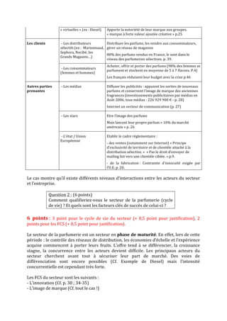 «	virtuelles	»	(ex	:	Diesel)	 Apporte	la	notoriété	de	leur	marque	aux	groupes.	
«	marque	à	forte	valeur	ajoutée	créative	»	p.25	
Les	clients	 	-	Les	distributeurs	
sélectifs	(ex	:		Marionnaud,	
Sephora,	Nocibé,	les	
Grands	Magasins…)	
Distribuer	les	parfums,	les	vendre	aux	consommateurs,	
gérer	un	réseau	de	magasins	
80%	des	parfums	vendus	en	France,	le	sont	dans	le	
réseau	des	parfumeries	sélectives.	p.	39.	
	 	-	Les	consommateurs	
(femmes	et	hommes)	
Acheter,	offrir	et	porter	des	parfums	(98%	des	femmes	se	
parfument	et	stockent	en	moyenne	de	5	à	7	flacons.	P.4)	
Les	français	réduisent	leur	budget	avec	la	crise	p.46	
Autres	parties	
prenantes	
	-	Les	médias	 Diffuser	les	publicités	:	appuient	les	sorties	de	nouveaux	
parfums	et	conservent	l’image	de	marque	des	anciennes	
fragrances	(investissements	publicitaires	par	médias	en	
Août	2006,	tous	médias	:	226	929	900	€	-	p.	28)	
Internet	un	vecteur	de	communication	(p.	27)	
	 	-	Les	stars	 Etre	l’image	des	parfums	
Mais	lancent	leur	propre	parfum	«	10%	du	marché	
américain	»	p.	26	
	 	-	L’état	/	Union	
Européenne	
Etablir	le	cadre	réglementaire	:	
-	des	ventes	(notamment	sur	Internet)	«	Principe	
d’exclusivité	de	territoire	et	de	clientèle	attaché	à	la	
distribution	sélective.	»		«	Pas	le	droit	d’envoyer	de	
mailing	list	vers	une	clientèle	ciblée.	»	p.9.	
-	 de	 la	 fabrication	:	 Contrainte	 d’innocuité	 exigée	 par	
l’U.E.	p.	20.	
	
Le	cas	montre	qu’il	existe	différents	niveaux	d’interactions	entre	les	acteurs	du	secteur	
et	l’entreprise.	
	
Question	2	:	(6	points)	
Comment	 qualifieriez-vous	 le	 secteur	 de	 la	 parfumerie	 (cycle	
de	vie)	?	Et	quels	sont	les	facteurs	clés	de	succès	de	celui-ci	?		
	
6	 points	:	3	point	pour	le	cycle	de	vie	du	secteur	(+	0,5	point	pour	justification),	2	
points	pour	les	FCS	(+	0,5	point	pour	justification).	
	
Le	secteur	de	la	parfumerie	est	un	secteur	en	phase	de	maturité.	En	effet,	lors	de	cette	
période	:	le	contrôle	des	réseaux	de	distribution,	les	économies	d’échelle	et	l’expérience	
acquise	 commencent	 à	 porter	 leurs	 fruits.	 L’offre	 tend	 à	 se	 différencier,	 la	 croissance	
stagne,	 la	 concurrence	 entre	 les	 acteurs	 devient	 difficile.	 Les	 principaux	 acteurs	 du	
secteur	 cherchent	 avant	 tout	 à	 sécuriser	 leur	 part	 de	 marché.	 Des	 voies	 de	
différenciation	 sont	 encore	 possibles	 (Cf.	 Exemple	 de	 Diesel)	 mais	 l’intensité	
concurrentielle	est	cependant	très	forte.		
	
Les	FCS	du	secteur	sont	les	suivants	:	
-	L’innovation	(Cf.	p.	30	;	34-35)	
-	L’image	de	marque	(Cf.	tout	le	cas	!)	
 