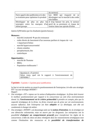 du	secteur)	
Faire	appel	à	des	publicistes	et	à	des	
ss-traitants	pour	optimiser	le	produit		
Les	 MDD	 qui	 risquent	 de	 se	
développer	sur	le	marché	à	des	coûts	
très	faibles	
Développer	 de	 plus	 en	 plus	 les	
synergies	 entre	 les	 marques	 d’un	
même	groupe	
A	 trop	 baisser	 les	 prix,	 le	 secteur	
perd	 de	 sa	 prestance	 et	 risque	 de	
rentrer	dans	une	spirale	d’échec	
	
Autres	O/M	listées	par	les	étudiants	(points	bonus)	:	
	
Menaces	:	
- marché	à	maturité	à	pas	de	croissance	
- coûts	élevés	de	lancement	d’un	nouveau	parfum	et	risques	de	+	en	
+	important	d’échec	
- marché	hyperconcurrentiel	
- clients	volatiles	
- parapharmacie,	bio	
- contrefaçon	
	
Opportunités	:	
- marché	de	l’homme	
- BRICs	
- Population	vieillissante	?	
	
	
Question	6	:	(5	points)	
Selon	 vous,	 quel	 est	 le	 rapport	 à	 l’environnement	 de		
SEPHORA	?	
	
5	points	:	3	points	+	2	points	pour	justification.	
	
Le	but	ici	est	de	mettre	en	avant	le	positionnement	de	l’entreprise.	A-t-elle	une	stratégie	
FIT	?	ou	une	stratégie	INTENT	?	
Rappel	:	
• Une	stratégie	«	FIT	»	repose	sur	la	notion	d’adéquation	stratégique	:	la	firme	doit	trouver	
le	 meilleur	 positionnement	 par	 rapport	 à	 la	 concurrence	 au	 sein	 d’un	 environnement	
donné.	Ici,	l’environnement	est	le	critère	primordial	à	prendre	en	compte,	plus	que	la	
capacité	 stratégique	 de	 la	 firme.	 La	 firme	 n’aurait	 pas	 de	 prise	 sur	 cet	 environnement,	
aucune	 influence.	 Soit	 l’entreprise	 est	 bien	 adaptée	 et	 s’y	 développe,	 soit	 elle	 est	
condamnée	à	changer	de	métier.	
• Une	stratégie	«	INTENT	»	est	davantage	axée	sur	la	notion	d’intention.	Ici,	la	stratégie	est	
une	 démarche	 volontariste,	 mise	 en	 œuvre	 par	 les	 dirigeants.	 Les	 entreprises	 ont	 la	
possibilité	 d’adopter	 un	 comportement	 proactif	 pour	 transformer	 les	 règles	 de	 la	
concurrence.	L’idée	du	choix	est	donc	réintégrée	dans	les	raisonnements	stratégiques	tout	
comme	 l’évaluation	 des	 ressources	 et	 la	 possibilité	 de	 transformation	 de	
 
