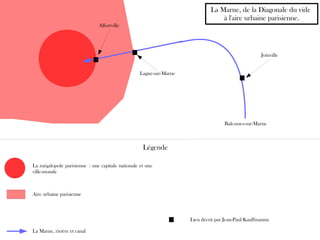 La Marne, rivière et canal
Balesmes-sur-Marne
Aire urbaine parisienne
Alfortville
Lagny-sur-Marne
Joinville
Lieu décrit par Jean-Paul Kauffmannn
La Marne, de la Diagonale du vide
à l'aire urbaine parisienne.
Légende
La mégalopole parisienne : une capitale nationale et une
ville-monde
 