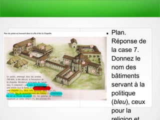  Plan.
Réponse de
la case 7.
Donnez le
nom des
bâtiments
servant à la
politique
(bleu), ceux
pour la
 