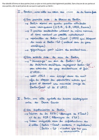 Plan détaillé d’Emma en deux parties (mais un plan en trois parties était également possible). Dans chacune de ses parties et
sous-parties, elle ne perd jamais de vue que le sujet porte sur Berlin :
 