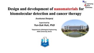 Design and development of nanomaterials for
biomolecular detection and cancer therapy
Arunkumar Rengaraj
Supervised by
Yun-Suk Huh, PhD
1Department of Biological Engineering,
INHA University, Korea
Nano
Bio engineering
Analysis
Laboratory
 