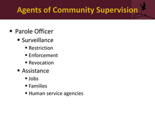 Agents of Community Supervision
 Parole Officer
 Surveillance
 Restriction
 Enforcement
 Revocation
 Assistance
 Jobs
 Families
 Human service agencies
 