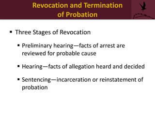 Revocation and Termination
of Probation
 Three Stages of Revocation
 Preliminary hearing—facts of arrest are
reviewed for probable cause
 Hearing—facts of allegation heard and decided
 Sentencing—incarceration or reinstatement of
probation
 