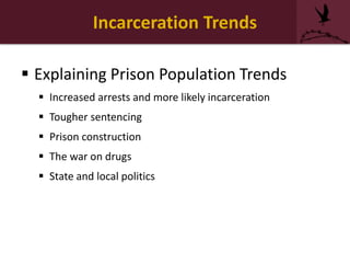 Incarceration Trends
 Explaining Prison Population Trends
 Increased arrests and more likely incarceration
 Tougher sentencing
 Prison construction
 The war on drugs
 State and local politics
 