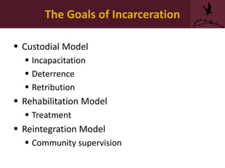 The Goals of Incarceration
 Custodial Model
 Incapacitation
 Deterrence
 Retribution
 Rehabilitation Model
 Treatment
 Reintegration Model
 Community supervision
 