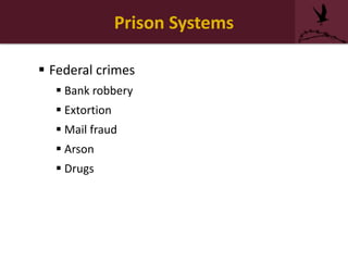 Prison Systems
 Federal crimes
 Bank robbery
 Extortion
 Mail fraud
 Arson
 Drugs
 