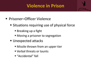 Violence in Prison
 Prisoner–Officer Violence
 Situations requiring use of physical force
 Breaking up a fight
 Moving a prisoner to segregation
 Unexpected attacks
 Missile thrown from an upper tier
 Verbal threats or taunts
 “Accidental” fall
 