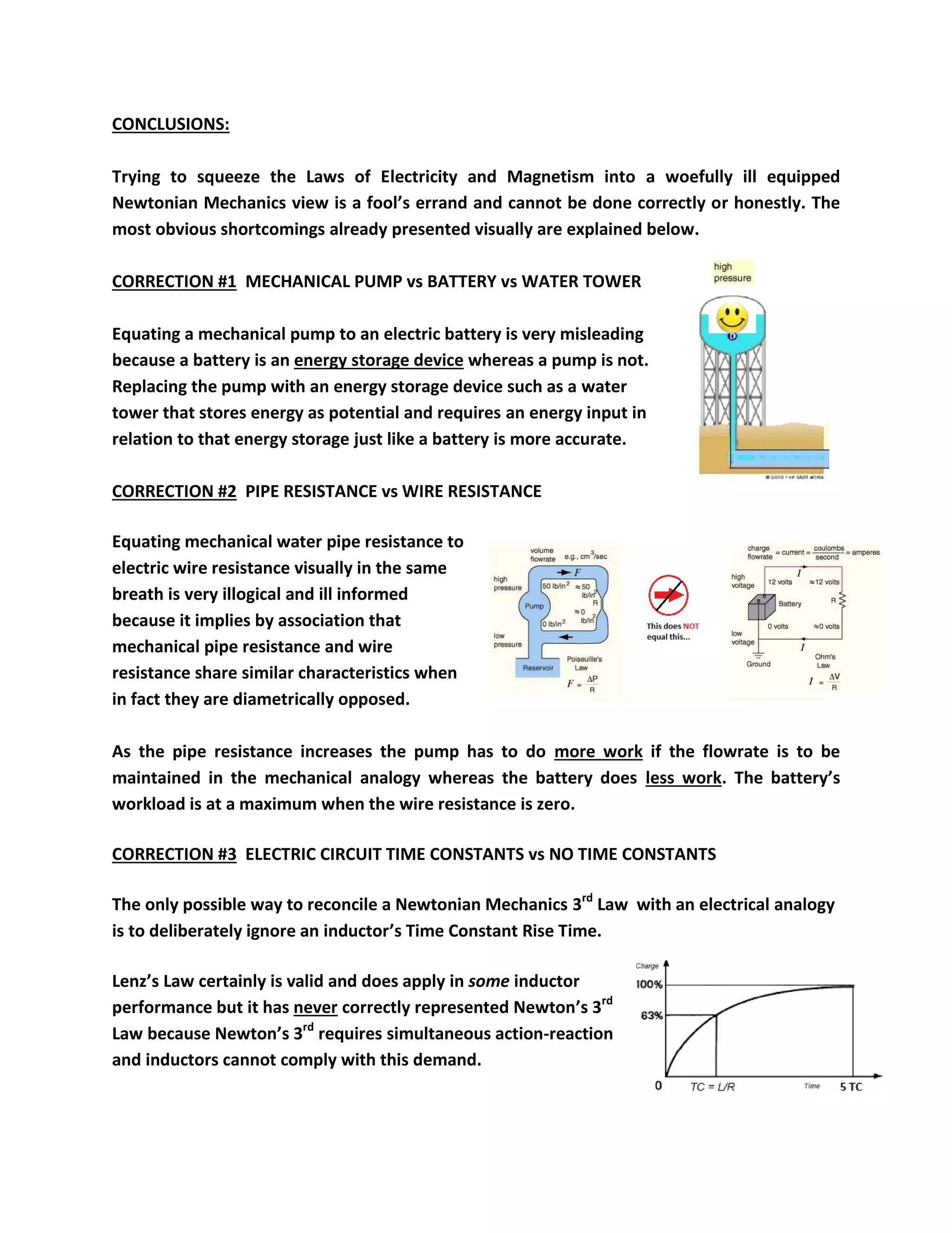 CONCLUSIONS: 
Trying to squeeze the Laws of Electricity and Magnetism into a woefully ill equipped Newtonian Mechanics view is a fool’s errand and cannot be done correctly or honestly. The most obvious shortcomings already presented visually are explained below. 
CORRECTION #1 MECHANICAL PUMP vs BATTERY vs WATER TOWER 
Equating a mechanical pump to an electric battery is very misleading because a battery is an energy storage device whereas a pump is not. Replacing the pump with an energy storage device such as a water tower that stores energy as potential and requires an energy input in relation to that energy storage just like a battery is more accurate. 
CORRECTION #2 PIPE RESISTANCE vs WIRE RESISTANCE 
Equating mechanical water pipe resistance to electric wire resistance visually in the same breath is very illogical and ill informed because it implies by association that mechanical pipe resistance and wire resistance share similar characteristics when in fact they are diametrically opposed. 
As the pipe resistance increases the pump has to do more work if the flowrate is to be maintained in the mechanical analogy whereas the battery does less work. The battery’s workload is at a maximum when the wire resistance is zero. 
CORRECTION #3 ELECTRIC CIRCUIT TIME CONSTANTS vs NO TIME CONSTANTS 
The only possible way to reconcile a Newtonian Mechanics 3rd Law with an electrical analogy is to deliberately ignore an inductor’s Time Constant Rise Time. 
Lenz’s Law certainly is valid and does apply in some inductor performance but it has never correctly represented Newton’s 3rd Law because Newton’s 3rd requires simultaneous action-reaction and inductors cannot comply with this demand. 
 
