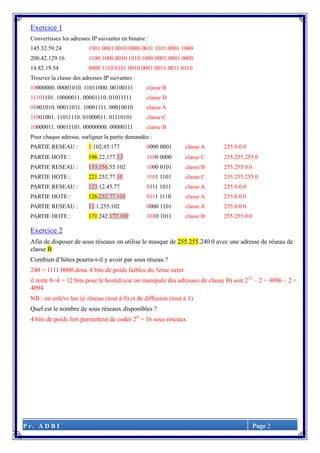 P r . A D B I Page 2
Exercice 1
Convertissez les adresses IP suivantes en binaire :
145.32.59.24 1001 0001.0010 0000.0011 1011.0001 1000
200.42.129.16 1100 1000.0010 1010.1000 0001.0001 0000
14.82.19.54 0000 1110.0101 0010.0001 0011.0011 0110
Trouvez la classe des adresses IP suivantes :
10000000. 00001010. 11011000. 00100111 classe B
11101101. 10000011. 00001110. 01011111 classe D
01001010. 00011011. 10001111. 00010010 classe A
11001001. 11011110. 01000011. 01110101 classe C
10000011. 00011101. 00000000. 00000111 classe B
Pour chaque adresse, surligner la partie demandée :
PARTIE RESEAU : 1.102.45.177 0000 0001 classe A 255.0.0.0
PARTIE HOTE : 196.22.177.13 1100 0000 classe C 255.255.255.0
PARTIE RESEAU : 133.156.55.102 1000 0101 classe B 255.255.0.0
PARTIE HOTE : 221.252.77.10 1101 1101 classe C 255.255.255.0
PARTIE RESEAU : 123.12.45.77 0111 1011 classe A 255.0.0.0
PARTIE HOTE : 126.252.77.103 0111 1110 classe A 255.0.0.0
PARTIE RESEAU : 13.1.255.102 0000 1101 classe A 255.0.0.0
PARTIE HOTE : 171.242.177.109 1010 1011 classe B 255.255.0.0
Exercice 2
Afin de disposer de sous réseaux on utilise le masque de 255.255.240.0 avec une adresse de réseau de
classe B
Combien d’hôtes pourra-t-il y avoir par sous réseau ?
240 = 1111 0000 donc 4 bits de poids faibles du 3ème octet
il reste 8+4 = 12 bits pour le hostid (car on manipule des adresses de classe B) soit 212
– 2 = 4096 – 2 =
4094
NB : on enlève les @ réseau (tout à 0) et de diffusion (tout à 1)
Quel est le nombre de sous réseaux disponibles ?
4 bits de poids fort permettent de coder 24
= 16 sous réseaux
 