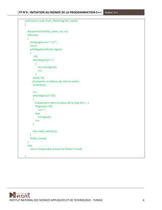 [TP N°4 : INITIATION AU MONDE DE LA PROGRAMMATION C++] Atelier C++
INSTITUT NATIONAL DES SCIENCES APPLIQUEES ET DE TECHNOLOGIE - TUNISIE 6
void event::read_from_file(string file_name)
{
ifstream fichier(file_name, ios::in);
if(fichier)
{
string ligne,res=””,l=””;
int a,i;
while(getline(fichier,ligne))
{
i=0;
while(ligne[i]!='-')
{
res=res+ligne[i];
i++;
}
res[i]='0';
//convertir un tableau de char en entier
a=atoi(res);
i++;
while(ligne[i]!='0')
{
//séparateur dans la valeur de la map est « , »
if(ligne[i]=='#')
l=l+",";
else
l=l+ligne[i];
i++;
}
this->add_event(a,l);
}
fichier.close();
}
else
cerr<<"impossible d'ouvrir le fichier"<<endl;
}
 