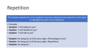 Repetition
The teacher repeats her or his student’s incorrect utterance and raises her or his voice
to highlight the error int he utterance.
• Example:
• Student: “I will talked to you”
• Teacher: “I will TALKED to you”
• Student: “I will talk to you”
• Student: He sleeps/z/ at 9.30 every night. (Phonological error)
• Teacher: He sleeps/z/ at 9.30 every night. (Repetition)
• Student: He sleeps/s/ ..
 