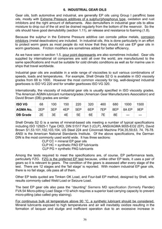 6. INDUSTRIAL GEAR OILS
Gear oils, both automotive and industrial, are generally EP oils using Group I paraffinic base
oils, mostly with Extreme Pressure additives of a sulphur/phosphorus type, oxidation and rust
inhibitors and the right amount of defoamants. Also demulsifiers in industrial gear oils to allow
moisture to drop out of the oil and be drained regularly from the bottom of the reservoir. So the
oils should have good demulsibility (section 1.11), air release and resistance to foaming (1.8).
Because the sulphur in the Extreme Pressure additive can corrode yellow metals, corrosion
inhibitors (metal deactivators) are included. In industrial oils, this is done particularly in an effort
to protect worm gears as most people do not know that they should not use EP gear oils in
worm gearboxes. Friction modifiers are sometimes added for better efficiency.
As we have seen in section 1.5, pour point depressants are also sometimes included. Gear oils
supplied by international oil companies are sold all over the world, are manufactured to the
same specifications and must be suitable for cold climatic conditions as well as for marine use in
ships that travel worldwide.
Industrial gear oils are available in a wide range of viscosities to suit various combinations of
speeds, loads and temperatures. For example, Shell Omala S2 G is available in ISO viscosity
grades from 68 to 1000. However the most common viscosity for big, well-designed industrial
gearboxes is ISO VG 220 and for smaller gearboxes ISO VG 320.
Internationally, the viscosity of industrial gear oils is usually specified in ISO viscosity grades.
The American AGMA lubricant numbers/grades (American Gear Manufacturers Association) and
David Brown (DB) grades are similar:
ISO VG 68 100 150 220 320 460 680 1000 1500
AGMA No. 2EP 3EP 4EP 5EP 6EP 7EP 8EP 8A EP 9EP
DB Grade 2E 3E 4E 5E 6E 7E 8E --- ---
Shell Omala S2 G is a series of mineral-based oils meeting a number of typical specifications
including ISO 12925-1 Type CKD, DIN 51517 Part 3 (CLP), ANSI/AGMA 9005-EO2 (EP), David
Brown S1.53.101,102,103,104, US Steel 224 and Cincinnati Machine P34,35,59,63, 74, 76-78.
ANSI is the American National Standards Institute. Of the above specifications, the German
DIN is the most commonly used world wide. It has three sections:
CLP CC = mineral EP gear oils
CLP HC = synthetic PAO EP lubricants
CLP PG = synthetic PAG lubricants
Among the tests required to meet the specifications are, of course, EP performance tests,
particularly FZG. FZG is the preferred EP test because, unlike other EP tests, it uses a pair of
gears so it is relevant to gears. The condition of the gears is assessed after every stage of the
test. There are 12 stages and the 'fail stage' is reported. With modern industrial EP gear oils,
there is no fail stage, oils pass all of them.
Other EP tests quoted are Timken OK Load, and Four-ball EP method, designed by Shell, with
results commonly called Weld Load or Seizure Load.
The best EP gear oils also pass the “daunting” Siemens MD specification (formerly Flender)
FVA 54 Micro-pitting Load Stage >10 which requires a superior load carrying capacity to prevent
micro-pitting (also called grey staining).
For continuous bulk oil temperature above 90 °C, a synthetic lubricant should be considered.
Mineral lubricants exposed to high temperatures and air will inevitably oxidize resulting in the
formation of lacquer and sludge and inefficient operation due to an excessive increase in
36
 