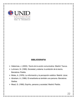 BIBLIOGRAFIA


 Habermas, J. (2003). Teoría de la acción comunicativa. Madrid: Taurus.
 Luhmann, N. (1990). Sociedad y sistema: la ambición de la teoría.
  Barcelona: Paidós.
 Moles, A. (1976). La información y la percepción estética. Madrid: Júcar.
 Abraham, A. (1986). El enseñante es también una persona. Barcelona:
  Gedisa.
 Mead, G. (1990). Espíritu, persona y sociedad. Madrid: Paidós.




                                                                           22
 