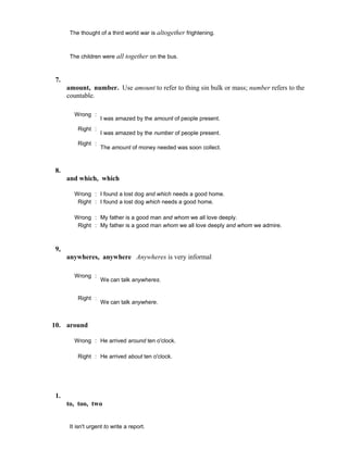 The thought of a third world war is altogether frightening.
The children were all together on the bus.
7.
amount, number. Use amount to refer to thing sin bulk or mass; number refers to the
countable.
Wrong :
I was amazed by the amount of people present.
Right :
I was amazed by the number of people present.
Right :
The amount of money needed was soon collect.
8.
and which, which
Wrong : I found a lost dog and which needs a good home.
Right : I found a lost dog which needs a good home.
Wrong : My father is a good man and whom we all love deeply.
Right : My father is a good man whom we all love deeply and whom we admire.
9,
anywheres, anywhere Anywheres is very informal
Wrong :
We can talk anywheres.
Right :
We can talk anywhere.
10. around
Wrong : He arrived around ten o'clock.
Right : He arrived about ten o'clock.
1.
to, too, two
It isn't urgent to write a report.
 