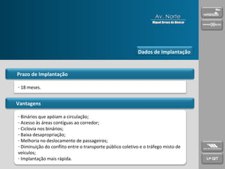 Binários que apóiam a circulação; Acesso às áreas contíguas ao corredor; Ciclovia nos binários; Baixa desapropriação; Melhoria no deslocamento de passageiros; Diminuição do conflito entre o transporte público coletivo e o tráfego misto de veículos; Implantação mais rápida. Vantagens Prazo de Implantação 18 meses. Dados de Implantação Av. Norte Miguel Arraes de Alencar 