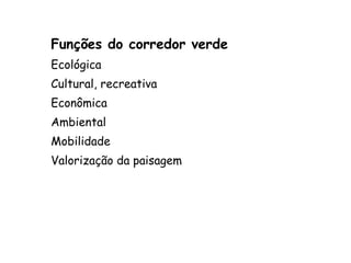 Funções do corredor verde Ecológica Cultural, recreativa Econômica Ambiental Mobilidade Valorização da paisagem 