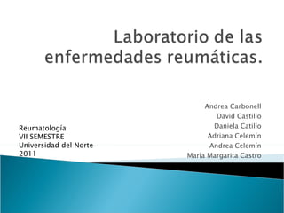 Andrea Carbonell David Castillo Daniela Catillo Adriana Celemín Andrea Celemín María Margarita Castro Reumatología VII SEMESTRE Universidad del Norte 2011 