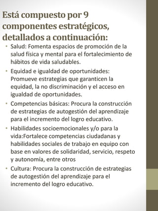 Está compuestopor 9
componentesestratégicos,
detalladosa continuación:
• Salud: Fomenta espacios de promoción de la
salud física y mental para el fortalecimiento de
hábitos de vida saludables.
• Equidad e igualdad de oportunidades:
Promueve estrategias que garanticen la
equidad, la no discriminación y el acceso en
igualdad de oportunidades.
• Competencias básicas​: Procura la construcción
de estrategias de autogestión del aprendizaje
para el incremento del logro educativo.
• Habilidades socioemocionales y/o para la
vida​:Fortalece competencias ciudadanas y
habilidades sociales de trabajo en equipo con
base en valores de solidaridad, servicio, respeto
y autonomía, entre otros
• Cultura​: Procura la construcción de estrategias
de autogestión del aprendizaje para el
incremento del logro educativo.
 