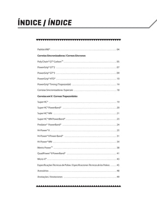 Padrão V80® . . . . . . . . . . . . . . . . . . . . . . . . . . . . . . . . . . . . . . . . . . . . . . . . . . . . . . . . . . . . . . . . 04
Correias Sincronizadoras / Correas Síncronas
Poly Chain® GT® CarbonTM . . . . . . . . . . . . . . . . . . . . . . . . . . . . . . . . . . . . . . . . . . . . . . . . . . 05
PowerGrip® GT®2 . . . . . . . . . . . . . . . . . . . . . . . . . . . . . . . . . . . . . . . . . . . . . . . . . . . . . . . . . 07
PowerGrip® GT®3 . . . . . . . . . . . . . . . . . . . . . . . . . . . . . . . . . . . . . . . . . . . . . . . . . . . . . . . . . 09
PowerGrip® HTD® . . . . . . . . . . . . . . . . . . . . . . . . . . . . . . . . . . . . . . . . . . . . . . . . . . . . . . . . . 10
PowerGrip® Timing (Trapezoidal) . . . . . . . . . . . . . . . . . . . . . . . . . . . . . . . . . . . . . . . . . . 14
Correias Sincronizadoras Especiais . . . . . . . . . . . . . . . . . . . . . . . . . . . . . . . . . . . . . . . . . 18
Correias em V / Correas Trapezoidales
Super HC® . . . . . . . . . . . . . . . . . . . . . . . . . . . . . . . . . . . . . . . . . . . . . . . . . . . . . . . . . . . . . . . . 19
Super HC® PowerBand® . . . . . . . . . . . . . . . . . . . . . . . . . . . . . . . . . . . . . . . . . . . . . . . . . . . 20
Super HC® MN . . . . . . . . . . . . . . . . . . . . . . . . . . . . . . . . . . . . . . . . . . . . . . . . . . . . . . . . . . . . . 21
Super HC® MN PowerBand® . . . . . . . . . . . . . . . . . . . . . . . . . . . . . . . . . . . . . . . . . . . . . . . . . 23
Predator® PowerBand® . . . . . . . . . . . . . . . . . . . . . . . . . . . . . . . . . . . . . . . . . . . . . . . . . . . . 24
Hi-Power® II . . . . . . . . . . . . . . . . . . . . . . . . . . . . . . . . . . . . . . . . . . . . . . . . . . . . . . . . . . . . . . . . 25
Hi-Power® II Power Band® . . . . . . . . . . . . . . . . . . . . . . . . . . . . . . . . . . . . . . . . . . . . . . . . . . 31
Hi-Power® MN . . . . . . . . . . . . . . . . . . . . . . . . . . . . . . . . . . . . . . . . . . . . . . . . . . . . . . . . . . . . 34
Metric PowerTM . . . . . . . . . . . . . . . . . . . . . . . . . . . . . . . . . . . . . . . . . . . . . . . . . . . . . . . . . . . . . 38
QuadPower® II PowerBand® . . . . . . . . . . . . . . . . . . . . . . . . . . . . . . . . . . . . . . . . . . . . . . . . 41
Micro-V® . . . . . . . . . . . . . . . . . . . . . . . . . . . . . . . . . . . . . . . . . . . . . . . . . . . . . . . . . . . . . . . . . . . 43
Especificações Técnicas de Polias / Especificaciones Técnicas de las Poleas . . . . . . 45
Acessórios . . . . . . . . . . . . . . . . . . . . . . . . . . . . . . . . . . . . . . . . . . . . . . . . . . . . . . . . . . . . . . . . . 48
Anotações / Anotaciones . . . . . . . . . . . . . . . . . . . . . . . . . . . . . . . . . . . . . . . . . . . . . . . . . . . 49

 