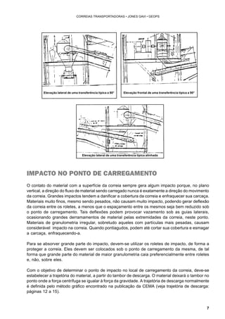 7 
CORREIAS TRANSPORTADORAS • JONES GAVI • GEOPS 
Elevação lateral de uma transferência típica a 90° Elevação frontal de uma transferência típica a 90° 
Elevação lateral de uma transferência típica alinhada 
IMPACTO NO PONTO DE CARREGAMENTO 
O contato do material com a superfície da correia sempre gera algum impacto porque, no plano 
vertical, a direção do fluxo de material sendo carregado nunca é exatamente a direção do movimento 
da correia. Grandes impactos tendem a danificar a cobertura da correia e enfraquecer sua carcaça. 
Materiais muito finos, mesmo sendo pesados, não causam muito impacto, podendo gerar deflexão 
da correia entre os roletes, a menos que o espaçamento entre os mesmos seja bem reduzido sob 
o ponto de carregamento. Tais deflexões podem provocar vazamento sob as guias laterais, 
ocasionando grandes derramamentos de material pelas extremidades da correia, neste ponto. 
Materiais de granulometria irregular, sobretudo aqueles com partículas mais pesadas, causam 
considerável impacto na correia. Quando pontiagudos, podem até cortar sua cobertura e esmagar 
a carcaça, enfraquecendo-a. 
Para se absorver grande parte do impacto, devem-se utilizar os roletes de impacto, de forma a 
proteger a correia. Eles devem ser colocados sob o ponto de carregamento da mesma, de tal 
forma que grande parte do material de maior granulometria caia preferencialmente entre roletes 
e, não, sobre eles. 
Com o objetivo de determinar o ponto de impacto no local de carregamento da correia, deve-se 
estabelecer a trajetória do material, a partir do tambor de descarga. O material deixará o tambor no 
ponto onde a força centrífuga se igualar à força da gravidade. A trajetória de descarga normalmente 
é definida pelo método gráfico encontrado na publicação da CEMA (veja trajetória de descarga: 
páginas 12 a 15). 
 