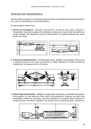 70 
CORREIAS TRANSPORTADORAS • JONES GAVI • GEOPS 
CHAVES DE SEGURANÇA 
São elementos que atuam no transportador, garantindo-lhe uma operação perfeita e interrompendo-a 
no caso de anormalidade no seu funcionamento. 
As chaves podem dividir-se em: 
1. Chaves de Emergência - operadas manualmente, através de seus cabos, desligam o 
transportador, caso ocorra qualquer anormalidade, ou toda vez em que se fizer necessária uma 
parada imediata. São dispostas ao longo do transportador, em espaços regulares que variam 
de 30 a 60 metros. 
2. Chaves para Desalinhamento - acionadas pela correia, desligam o transportador toda vez que 
a mesma se desvia de seu curso normal sobre os roletes. Dispostas em ambos os lados do 
transportador, em espaços de 25 a 30 metros. 
3. Chaves-Vigia de Velocidade - desligam o transportador sempre que a velocidade ultrapassar o 
limite superior, ou ficar abaixo do limite inferior pré-estabelecido. Utiliza-se uma para cada 
transportador. Podem ser centrífugas, operando acopladas a um rolete de retorno especial, ou 
do tipo que opera com sensor magnético, em conjunto com um tambor (em geral, o de retorno). 
 