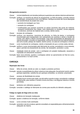 86 
CORREIAS TRANSPORTADORAS • JONES GAVI • GEOPS 
Alongamento excessivo 
Causa: correia trabalhando com tensões (esforços) superiores aos valores máximos admissíveis. 
Correção: verifique, na memória de cálculo do equipamento, ou folha de dados, a tensão máxima 
de operação, comparando-a com uma idêntica. Verifique se ainda não houve alterações 
das características de projeto tais como: 
• aumento de tonelagem por hora 
• aumento do contrapeso 
• modificações que possam aumentar os atritos (aumento das guias de material, 
excessivo tombamento dos roletes, rolos defeituosos ou travados, correia pegando 
na estrutura, acúmulo de material sob a correia, dentre outros. 
Causa: excesso de contrapeso. 
Correção: verificar, nos desenhos, memórias de cálculos, ou folha de dados, o contrapeso 
recomendado para transportador com esticamento por parafuso e aliviar a tensão da 
correia, sem alterar a flecha recomendada. Caso haja necessidade de alterações nos 
valores de projeto, consultar um especialista, verificar se há acúmulo de material estranho 
(tal como sucata, pedaço de madeira, dentre outros), na caixa do contrapeso e retirá-lo. 
Causa: curso insuficiente do contrapeso, dando a impressão de que a correia cedeu demais. 
Correção: verificar o curso recomendado pelo fabricante da correia, procedendo a nova emenda, 
após o período de amaciamento da correia. Se necessário, aumentar o curso. 
Causa: Instalação inicial da correia com o contrapeso em posição inadequada, causando a 
impressão de esticamento excessivo. 
Correção: fazer nova emenda, quando o contrapeso estiver se aproximando do final do curso, 
posicionando-o no local correto. 
CARCAÇA 
Separação das lonas 
Causa: falha da correia, devido ao calor, ou reação a produtos químicos. 
Correção: estudar a possibilidade de utilizar cobertura mais adequada. Se estiverem sendo usados 
grampos aparentes, substitui-los por grampos embutidos, ou emenda vulcanizada. 
Causa: excesso de flexibilidade da correia. 
Correção: substitui-la por correia mais rígida, que dê melhor suporte à carga, consultando o catálogo 
do fabricante, para verificar o número mínimo de lonas, e as larguras máxima e mínima 
permitidas. 
Causa: tambores com diâmetros pequenos. 
Correção: consultar o catálogo do fabricante da correia para escolha do diâmetro adequado. 
Fadiga na região de folga entre os rolos 
Causa: distância de transição inadequada. 
Correção: ajustar a distância de transição, conforme tabela. 
Causa: curva convexa muito acentuada. 
Correção: aumentar o raio da curvatura, após ter consultado um especialista para o dimensionamento 
adequado da mesma. 
 