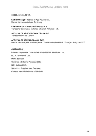 90 
CORREIAS TRANSPORTADORAS • JONES GAVI • GEOPS 
BIBLIOGRAFIA 
LIVRO DA FAÇO - Fábrica de Aço Paulista S.A. 
Manual de transportadores Contínuos. 
LIVRO DE PAULO ADIB ENGENHARIA S.A. 
Transporte Contínuo de Materiais a Granel - Volumes I e II. 
APOSTILA DE MÁRCIO BONFIM DESSAUNE 
Transportadores de Correia 
APOSTILA DE JONES DE PAULA GAVI 
Manual de Inspeção e Manutenção de Correias Transportadoras, 3ª Edição: Março de 2000. 
CATÁLOGOS: 
Lavrita - Engenharia, Consultoria e Equipamentos Industriais Ltda. 
P.U.R. - Comercial Ltda. 
Martin do Brasil 
Comércio e Indústria Petropasy Ltda. 
NGK do Brasil S.A. 
Soldering - Soluções para Desgaste 
Correias Mercúrio Indústria e Comércio 
 