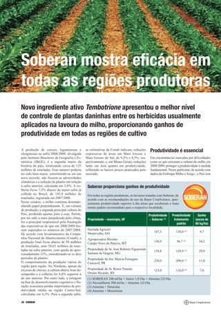 Soberan mostra eficácia em
todas as regiões produtoras
Novo ingrediente ativo Tembotrione apresentou o melhor nível
de controle de plantas daninhas entre os herbicidas usualmente
aplicados na lavoura do milho, proporcionando ganhos de
produtividade em todas as regiões de cultivo

A produção de cereais, leguminosas e           as estimativas da Conab indicam, reduções      Produtividade é essencial
oleaginosas na safra 2008/2009, divulgada      expressivas de áreas em Mato Grosso e
pelo Instituto Brasileiro de Geografia e Es-   Mato Grosso do Sul, de 9,2% e 8,5%, res-       Em circunstâncias marcadas por dificuldades
tatística (IBGE), é a segunda maior da         pectivamente, e, em Minas Gerais, reduções     como as que cercaram a cultura do milho em
história do país, totalizando cerca de 135     tanto em área quanto em produtividade,         2008/2009, proteger a produtividade é medida
milhões de toneladas. Esse número poderia      refletindo os baixos preços praticados pelo    fundamental. Nesse particular, de acordo com
ter sido bem maior, constituindo-se em um      mercado.                                       dados da Embrapa Milho e Sorgo , o País tem
novo recorde, não fossem as adversidades
climáticas e a redução de plantio em relação
à safra anterior, calculada em 3,6%. A co-      Soberan proporciona ganhos de produtividade
lheita ficou 7,5% abaixo da maior safra já
colhida no Brasil, de 145,8 milhões de          Em todas as regiões produtoras, as lavouras tratadas com Soberan, de
toneladas, registrada em 2007/2008.             acordo com as recomendações de uso da Bayer CropScience, apre-
Nesse cenário, o milho continua desempe-        sentaram produtividade superior à das áreas que receberam o trata-
nhando papel preponderante. É, em volume        mento padrão recomendado para a respectiva localidade,
de produção, a segunda principal cultura do
País, perdendo apenas para a soja. Porém,                                                    Produtividade    Produtividade      Ganho
por ter sido a mais prejudicada pelo clima,     Propriedade – município, UF                   - Soberan (1)    tratamento      (sacas de
foi a principal responsável pela frustração                                                                      padrão        60 kg/ha)
das expectativas de que em 2008/2009 fos-
sem superados os números de 2007/2008.          Fazenda Agricert
                                                Montevidiu, GO                                   147,3           138,0 (2)        9,7
De acordo com levantamentos da Compa-
nhia Nacional de Abastecimento (Conab), a       Agropecuária Missões
produção final ficou abaixo de 50 milhões                                                        130,9            96,7 (2)       34,2
                                                Campo Novo do Parecis, MT
de toneladas, ante 58,65 milhões de tone-
ladas na safra anterior, com queda de apro-     Propriedade do Sr. José Roberto Figueiredo
                                                                                                 159,8           129,9 (2)       29,9
ximadamente 15%, considerando-se os dois        Santana da Vargem, MG
períodos de plantio.                            Propriedade da Sra. Marcia Festugato
O comportamento da produção variou de                                                            220,0           209,0 (3)       11,0
                                                Cascavel, PR
região para região. No Nordeste, apesar do
excesso de chuvas, a cultura obteve bom de-     Propriedade do Sr. Renor Treméa                  123,0           116,0 (4)        7,0
sempenho e a colheita foi 6,8% superior à       Doutor Ricardo, RS
do ano anterior. Por outro lado, a estiagem     (1) SOBERAN 240 ml/ha + Aureo 1,0 l/ha + Atrazina 2,0 l/ha
na fase de desenvolvimento vegetativo e flo-    (2) Nicosulfuron 500 ml/ha + Atrazina 3,0 l/ha
ração ocasionou perdas importantes de pro-      (3) Atrazina + Simazina
dutividade média na região Centro-Sul,          (4) Atrazina + Mesotrione
calculadas em 6,3%. Para a segunda safra,

20 CORREIO
 