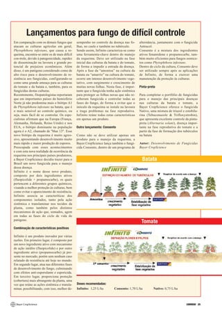 Lançamentos para fungo de difícil controle
Em comparação com os demais fungos que         sempenho no controle da doença nas fo-        alternância, juntamente com o fungicida
atacam as culturas agrícolas em geral,         lhas, no caule e também no tubérculo.         Antracol.
Phytophthora infestans, que causa a re-        Sendo assim, Infinito caracteriza-se como     Consento é a mistura dos ingredientes
queima, encontra-se entre os de mais difícil   uma ferramenta-chave dentro do manejo         ativos fenamidone e propamocarbe, tam-
con-trole, devido à patogenicidade, rapidez    da requeima. Deve ser utilizado na fase       bém muito eficientes para fungos oomice-
de disseminação na lavoura e grande po-        inicial das culturas da batata e do tomate,   tos como Phytophthora infestans.
tencial de prejuízos econômicos. Além          de forma a impedir a entrada da doença.       Dentro do ciclo da cultura, Consento deve
disso, é um patógeno considerado como de       Após a fase da “amontoa” na cultura da        ser utilizado sempre após as aplicações
alto risco para o desenvolvimento de re-       batata ou “amarrio” na cultura do tomate,     de Infinito, de forma a exercer uma
sistência aos fungicidas, configurando-se      ocorre um intenso desenvolvimento vege-       manutenção da proteção às culturas.
como uma grande ameaça para as culturas        tativo, com surgimento e crescimento de
do tomate e da batata e, também, para os       muitas novas folhas. Nesta fase, é impor-     Pinta-preta
fungicidas destas culturas.                    tante que o fungicida tenha ação sistêmica
Recentemente, fitopatologistas reportaram      para proteger as folhas novas que não re-     Para completar o portfólio de fungicidas
que em importantes países do hemisfério        ceberam fungicida e controlar todas as        para o manejo das principais doenças
Norte já não predomina mais o biótipo A1       fases do fungo, de forma a evitar que o       nas culturas da batata e tomate, a
de Phytophthora infestans na batata, que é     inóculo da requeima se instale na lavoura     Bayer CropScience oferece o fungicida
o mais sensível ao controle químico, ou        e traga problemas na fase reprodutiva.        Nativo, uma mistura de triazol e estobilu-
seja, mais fácil de se controlar. Os espe-     Infinito reúne todas estas características    rina (Tebuconazole & Trifloxystrobin),
cialistas afirmam que na Europa (França,       em apenas um produto.                         que apresenta excelente controle da pinta-
Alemanha, Holanda, Reino Unido) e nos                                                        preta (Alternaria solani), doença impor-
EUA, o biótipo dominante na população          Outro lançamento: Consento                    tante na fase reprodutiva do tomate e a
agora é o A2, chamado de "blue 13". Esse                                                     partir da fase de formação dos tubérculos
novo biótipo da requeima é muito agres-        Como não se deve utilizar apenas um           na batata
sivo, apresentando desenvolvimento muito       produto para o manejo da requeima, a
mais rápido e maior produção de esporos.       Bayer CropScience lança também o fungi-       Autor: Desenvolvimento de Fungicidas
Preocupada com esses acontecimentos            cida Consento, dentro de um programa de       Bayer CropScience
e com esta nova realidade de ocorrência da
requeima nos principais países produtores,
a Bayer CropScience decidiu trazer para o                                                      Batata
Brasil um novo fungicida para o manejo
dessa doença.
Infinito é o nome desse novo produto,
composto por dois ingredientes ativos
(fluopicolide + propamocarbe), os quais
pertencem a diferentes grupos químicos,
visando a melhor proteção às culturas, bem
como evitar o aparecimento de resistência.
Infinito associa as caracteríticas dos
componentes isolados, tanto pela ação
sistêmica e translaminar nos tecidos da
planta, como também pelos distintos
mecanismos de ação que, somados, agem
em todas as fases do ciclo de vida do
patógeno.
                                                                                              Tomate
Combinação de características positivas

Infinito é um produto inovador por várias
razões. Em primeiro lugar, é composto por
um novo ingrediente ativo com mecanismo
de ação inédito (fluopicolide) e por outro
ingrediente ativo (propamocarbe) já pre-
sente no mercado, porém sem nenhum caso
relatado de resistência até hoje no mundo.
Em segundo lugar, atua nas diferentes fases
de desenvolvimento do fungo, culminando
com efeitos anti-esporulante e esporicida.
Em terceiro lugar, proporciona proteção
(cobertura) mais abrangente da planta, uma
vez que reúne as ações sistêmica e transla-    Doses recomendadas:
minar, possibilitando, com isso, melhor de-    Infinito: 1,25 L/ha        Consento: 1,70 L/ha          Nativo: 0,75 L/ha



                                                                                                                              CORREIO 25
 