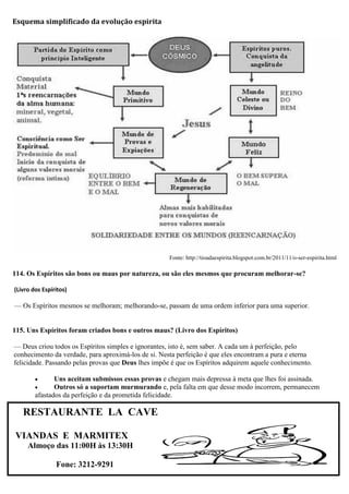 RESTAURANTE LA CAVE
VIANDAS E MARMITEX
Almoço das 11:00H às 13:30H
Fone: 3212-9291
Esquema simplificado da evolução espirita
Fonte: http://tioadaespirita.blogspot.com.br/2011/11/o-ser-espirita.html
114. Os Espíritos são bons ou maus por natureza, ou são eles mesmos que procuram melhorar-se?
(Livro dos Espíritos)
— Os Espíritos mesmos se melhoram; melhorando-se, passam de uma ordem inferior para uma superior.
115. Uns Espíritos foram criados bons e outros maus? (Livro dos Espíritos)
— Deus criou todos os Espíritos simples e ignorantes, isto é, sem saber. A cada um à perfeição, pelo
conhecimento da verdade, para aproximá-los de si. Nesta perfeição é que eles encontram a pura e eterna
felicidade. Passando pelas provas que Deus lhes impõe é que os Espíritos adquirem aquele conhecimento.
 Uns aceitam submissos essas provas e chegam mais depressa à meta que lhes foi assinada.
 Outros só a suportam murmurando e, pela falta em que desse modo incorrem, permanecem
afastados da perfeição e da prometida felicidade.
 