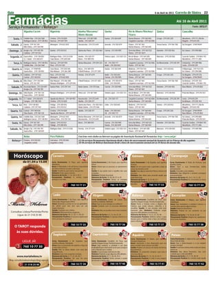 Guia                                                                                                                                                                                    6 de Abril de 2011        Correio de Sintra 23


Farmácias
Serviço Permanente(1)/Reforço(2)
                                                                                                                                                                                                                  Até 16 de Abril 2011
                                                                                                                                                                                                                                     Fonte: ARSLVT
                  Algualva-Cacém                   Algueirão                         Idanha/Massamá/                   Queluz                       Rio de Mouro/Rinchoa/                Sintra                          Concelho
                                                                                     Monte Abraão                                                   Fitares
    Sexta, 1      Clotilde Dias - 214 262 568      Cristina - 219 214 820            Pinto Leal - 214 387 580          Queluz - 214 365 849         Dumas Brousse - 219 160 404          Crespo - 219 245 320            Abrunheira - 219 111 206 Do
                  Rodrigues Garcia - 219 138 052   Ouressa - 219 207 594             Idanha - 214 328 317                                           Cargaleiro Lourenço - 219 162 006                                    Magoito - 219 610 376

  Sábado, 2       Garcia - 219 142 181             Almargem - 219 622 835            Vasconcelos - 214 372 649         Azeredo - 214 350 879        Fitares - 219 167 461                Tereza Garcia - 219 106 700     Da Terrugem - 219619049
                  Mira Sintra - 219 138 290                                                                                                         Dumas Brousse - 219 160 404

 Domingo, 3       Araújo e Sá - 219 140 781        Químia - 219 210 012              Quinta das Flores - 214 302 064   Correia - 214 350 905        Serra das Minas - 219 165 532        Valentim - 219 230 456          De Colares - 219 290 088
                  Caldeira - 219 147 542                                                                                                            Fitares - 219 167 4611

 Segunda, 4       Guerra Rico - 219 138 003        Rodrigues Rato - 219 212 038      Idanha - 214 328 317              Simões Lopes - 214 350 123   Rio de Mouro - 219 169 200           Marrazes - 219 230 058          Casal de Cambra - 219 804 193
                  S. F. Xavier - 214 260 615       Claro Russo - 219 228 540         Neves - 214 389 010                                            Dumas Brousse - 219 160 404                                          Abrunheira - 219 111 206

    Terça, 5      Rodrigues Garcia - 219 138 052   Ouressa - 219 207 594             Domus Massamá - 219 259 323       Gil - 214 350 117            Cargaleiro Lourenço - 219 162 006    Da Misericórdia - 219 230 391   Fontanelas - 219 289 986
                  Clotilde Dias - 214 262 568      Flora - 219 214 103                                                 André - 214 350 043          Fitares - 219 167 461                                                Costa - 219 618 239

   Quarta, 6      Campos - 21 9180100              Claro Russo - 219 228 540         Neves - 214 389 010               Queluz - 214 365 849         Moderna - 219 154 510                Simões - 219 230 832            D’Albarraque - 219 154 370
                  Guerra Rico - 219 138 003        Vítor Manuel - 219 266 280        O’Neill Pedrosa - 214 377 205                                  Cargaleiro Lourenço - 219 162 006                                    De Colares - 219 290 088

   Quinta, 7      Caldeira - 219 147 542           Flora - 219 214 103               Portela - 214 377 619             André - 214 350 043          Dumas Brousse - 219 160 404          Crespo - 219 245 320            Do Magoito - 219 610 376
                  Central - 219 140 034            Almargem - 219 622 835                                              Correia - 214 350 905        Fitares - 219 167 461                                                Da Terrugem - 219619049

    Sexta, 8      Mira Sintra - 219 138 290        Vítor Manuel - 219 266 280        O’Neill Pedrosa - 214 377 205     Azeredo - 214 350 879        Fitares - 219 167 461                Tereza Garcia - 219 106 700     Da Beloura - 219 245 763
                  Garcia - 219 142 181             Marques Rodrigues - 219 229 045                                     Zeller - 214 350 045         Cargaleiro Lourenço - 219 162 006                                    Casal de Cambra - 219 804 193

  Sábado, 9       Ascensão Nunes - 214 324 097     Santos Pinto - 214 374 144        Baião Santos - 214 375 566        Correia - 214 350 905        Serra das Minas - 219 165 532        Valentim - 219 230 456          Nave Ribeiro - 219 670 802
                  Araújo e Sá - 219 140 781                                                                                                         Fitares - 219 167 461

Domingo, 10       Silva Duarte - 219 148 120       Marques Rodrigues - 219 229 045   Pinto Leal - 214 387 580          Simões Lopes - 214 350 123   Rio de Mouro - 219 169 200           Marrazes - 219 230 058          Praia das Maçãs - 219 292 021
                  Guerra Rico - 219 138 003                                                                                                         Dumas Brousse - 219 160 404

Segunda, 11       S. F. Xavier - 214 260 615       Tapada das Mercês - 219 169 907   Vasconcelos - 214 372 649         Gil - 214 350 117            Cargaleiro Lourenço - 219 162 006    Da Misericórdia - 219 230 391   Costa - 219 618 239
                  Campos - 219 180 100             Cristina - 219 214 820            Idanha - 214 328 317                                           Dumas Brousse - 219 160 404                                          Da Beloura - 219 245 763

   Terça, 12      Rico - 219 138 003               Fidalgo - 219 200 876             Quinta das Flores - 214 302 064   Zeller - 214 350 045         Moderna - 219 154 510                Simões - 219 230 832            Abrunheira - 219 111 206 Do
                  Caldeira - 219 147 542           Químia - 219 210 012              Baião Santos - 214 375 566                                     Fitares - 219 167 461                                                Magoito - 219 610 376

 Quarta, 13       Central - 219 140 034            Cristina - 219 214 820            Idanha - 214 328 317              André - 214 350 043          Dumas Brousse - 219 160 404          Crespo - 219 245 320            Da Terrugem - 219619049
                  Silva Duarte - 219 148 120       Tapada das Mercês - 219 169 907                                     Gil - 214 350 117            Cargaleiro Lourenço - 219 162 006                                    Nave Ribeiro - 219 670 802

  Quinta, 14      Clotilde Dias - 214 262 568      Almargem - 219 622 835            Domus Massamá - 219 259 323       Azeredo - 214 350 879        Fitares - 219 167 461                Tereza Garcia - 219 106 700     De Colares - 219 290 088
                  Rodrigues Garcia - 219 138 052   Santos Pinto - 214 374 144        Vasconcelos - 214 372 649                                      Dumas Brousse - 219 160 404                                          Praia das Maçãs - 219 292 021

   Sexta, 15      Garcia - 219 142 181             Químia - 219 210 012              Neves - 214 389 010               Correia - 214 350 905        Serra das Minas - 219 165 532        Valentim - 219 230 456          Casal de Cambra - 219 804 193
                  Mira Sintra - 219 138 290        Fidalgo - 219 200 876                                               Queluz - 214 365 849         Dumas Brousse - 219 160 404                                          Abrunheira - 219 111 206

 Sábado, 16       Araújo e Sá - 219 140 781        Rodrigues Rato - 219 212 038      Portela - 214 377 619             Simões Lopes - 214 350 123   Rio de Mouro - 219 169 200           Marrazes - 219 230 058          Fontanelas - 219 289 986
                  Guerra Rico - 219 138 003                                                                                                         Fitares - 219 167 461

                  Belas                            Pero Pinheiro                     Confirme estes dados na Internet na página da Associação Nacional de Farmácias: http://www.anf.pt/
  Reforço   (2)   Ferreira - 214 310 031           Conﬁança - 219 270 045            (1) Os serviços Permanentes funcionam desde a hora de encerramento normal da farmácia até às 9 horas do dia seguinte.
                  (segunda a sexta)                (segunda a sexta)                 (2) Os serviços de Reforço funcionam desde a hora de encerramento normal até às 22 horas do mesmo dia.

                                                                                                                                                                                                                                                         PUB
 