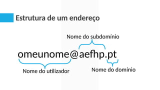 Estrutura de um endereço
omeunome@aefhp.pt
Nome do utilizador Nome do domínio
Nome do subdomínio
 