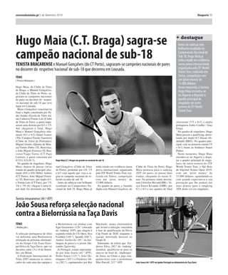 correiodominho.pt 24 de Agosto 2019 Desporto 1922 Desporto 5 de Setembro 2019 correiodominho.pt
Pró-Nacional
É um início de temporada verda-
deiramente impressionante o que
Paulinho, avançado do São Paio
d’Arcos, está a conseguir reali-
zar, levando já um total de seis
golos marcados, nas três jorna-
das disputadas até agora.
Desta vez, o avançado da equi-
pa bracarense bisou na vitória da
sua formação sobre o Dumiense,
por 3-2, e chegou aos seis golos,
estando agora no comando da
lista de melhores marcadores do
Pró-Nacional AF Braga, com
mais dois golos do que Guima-
rães, avançado do Ribeirão, que
também tem estado em destaque
neste início de época e marcou o
seu quarto golo, na terceira jor-
nada, no empate a uma bola com
o Santa Maria.
ArõesSC
BritoSC
Cabreiros
Dumiense
Forjães
Joane
Pevidém
Portod’Ave
Prado
Ribeirão
SantaEulália
SantaMaria
S.Paiod’Arcos
Serzedelo
Taipas
Torcatense
VieiraSC
Vilaverdense
Arões SC
Brito SC
Cabreiros
Dumiense
Forjães
Joane
Pevidém
Porto d’Ave
Prado
Ribeirão
Santa Eulália
Santa Maria
S. Paio d’Arcos
Serzedelo
Taipas
Torcatense
Vieira SC
Vilavedense
Pedro Rui brilha com hat-trick
...Paulinho bisa e já leva seis golos
S. Paio dʼArcos, 3 - Dumiense, 2
Paulinho (2) Leitão
João Pedro Canetas
Arões, 0 - Porto dʼAve, 0
Torcatense, 4 - GD Prado, 0
Pedro Rui (3)
Nreca
Vieira, 1 - Cabreiros, 3
Luís Guerra Marco Lima (2)
Bernardo
Serzedelo, 0 - Forjães, 2
Bruno Silva
Nuno Simões
GD Joane, 1 - Pevidém, 1
Fabinho Emanuel
Sta. Maria, 1 - Ribeirão, 1
Luís Salgueiro Guimarães
CC Taipas, 1 - Vilaverdense, 0
Mário Neiva
Sta. Eulália, 0 - Brito SC, 2
Alex
Nexa
JORNADA 3
TOTAL CASA FORA
J V E D M S V E D M S V E D M SPts.
1. Forjães 9 3 3 0 0 6 1 1 0 0 2 1 2 0 0 4 0
2. Brito 9 3 3 0 0 4 0 1 0 0 1 0 2 0 0 3 0
3. Pevidém 7 3 2 1 0 7 2 1 0 0 4 0 1 1 0 3 2
4. Cabreiros 7 3 2 1 0 7 3 0 1 0 2 2 2 0 0 5 1
5. Vilaverdense 6 3 2 0 1 7 2 1 0 0 4 1 1 0 1 3 1
6. SPArcos 6 3 2 0 1 7 6 1 0 1 4 4 1 0 0 3 2
7. GD Prado 6 3 2 0 1 5 6 1 0 0 3 2 1 0 1 2 4
8. Ribeirão 5 3 1 2 0 6 2 0 1 0 0 0 1 1 0 6 2
9. Torcatense 4 3 1 1 1 6 4 1 0 1 4 2 0 1 0 2 2
10. Taipas 4 3 1 1 1 2 2 1 0 1 2 2 0 1 0 0 0
11.Arões 4 3 1 1 1 2 3 0 1 1 0 2 1 0 0 2 1
12. Sta. Eulália 3 3 1 0 2 3 5 0 0 2 2 5 1 0 0 1 0
13. Joane 2 3 0 2 1 1 2 0 2 0 1 1 0 0 1 0 1
14. Dumiense 1 3 0 1 2 2 4 0 0 1 0 1 0 1 1 2 3
15. Porto dʼAve 1 3 0 1 2 2 5 0 0 1 0 2 0 1 1 2 3
16. Sta. Maria 1 3 0 1 2 1 6 0 1 1 1 2 0 0 1 0 4
17. Vieira 0 3 0 0 3 2 8 0 0 2 1 6 0 0 1 1 2
18. Serzedelo 0 3 0 0 3 2 11 0 0 2 1 7 0 0 1 1 4
CLASSIFICAÇÃO
0-0 0-2
1-0
2-2
0-1
2-1
0-0 1-1
4-0
0-2
3-2
0-0
0-2 2-3
0-1 1-1
1-2 3-2
0-2 1-5
1-2 1-0
0-2 4-0
1-3 1-0
4-1
GDUT
PedroRuiapontouumhat-tricknavitóriadoTorcatenseaoPradona3.ªjornadadaPró-Nacional
6GOLOS
Paulinho(S.Paiod’Arcos)
4GOLOS
Guimarães(Ribeirão)
3GOLOS
MarcoLima(Cabreiros),Bernardo(Ca-
breiros),PedroRui(Torcatense),Paule-
ta(Forjães),Totas(Pevidém)
2GOLOS
Fábio(Sta.Eulália),RicardoCruz(Ser-
zedelo),Gil(Arões)
1GOLO
Alex(Brito),Nexa(Brito),MárioNeiva
(Taipas),LuísSalgueiro(Sta.Maria),
Emanuel(Pevidém),Fabinho(Joane),
BrunoSilva(Forjães),NunoSimões
(Forjães),LuísGuerra(Vieira),Nreca
(Torcatense),Leitão(Dumiense),Cane-
tas(Dumiense),JoãoPedro(S.Paio
d’Arcos),PedroPereira(Vilaverdense),
RuiGomes(Vilaverdense),MárcioSou-
sa(Vilaverdense),TiagoVilela(Vilaver-
dense),VítorHugo(Brito),RodrigoMo-
ta(Vieira),Agostinho(Torcatense),
Areias(Torcatense),Pascal(Porto
d’Ave),Russo(Portod’Ave),Diogo(Pra-
do),Bonjardim(Prado),Diego(Prado),
Moreira(Pevidém),Pedrinho(Pevidém),
Lucas(Ribeirão),Vitó(Ribeirão),(...)
MARCADORES
4.ª jornada
BritoSC-S.Paiod’ArcosFC
Cabreiros-Serzedelo
GDPrado-Vieira
Pevidém-SantaEulália
Portod’Ave-Torcatense
Ribeirão-GDJoane
Vilaverdense-SantaMaria
Forjães-CCTaipas
Dumiense-ArõesSC
5.ª jornada
S.Paiod’Arcos-Pevidém
Arões-Torcatense
Vieira-Portod’Ave
Serzedelo-GDPrado
CCTaipas-Cabreiros
SantaEulália-Ribeirão
GDJoane-Vilaverdense
SantaMaria-Forjães
Dumiense-BritoSC
 