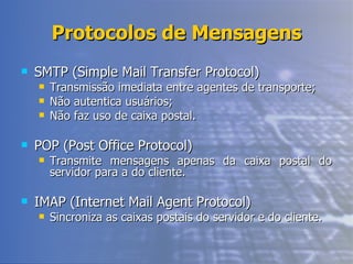 Protocolos de Mensagens SMTP (Simple Mail Transfer Protocol) Transmissão imediata entre agentes de transporte; Não autentica usuários; Não faz uso de caixa postal. POP (Post Office Protocol) Transmite mensagens apenas da caixa postal do servidor para a do cliente. IMAP (Internet Mail Agent Protocol) Sincroniza as caixas postais do servidor e do cliente. 